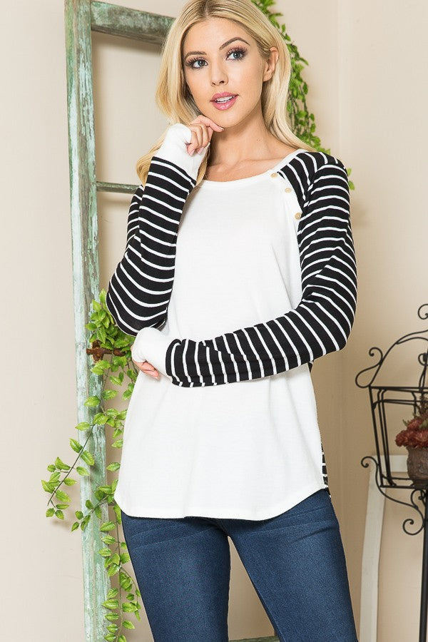 Sweater Knit Stripe Button Front Top