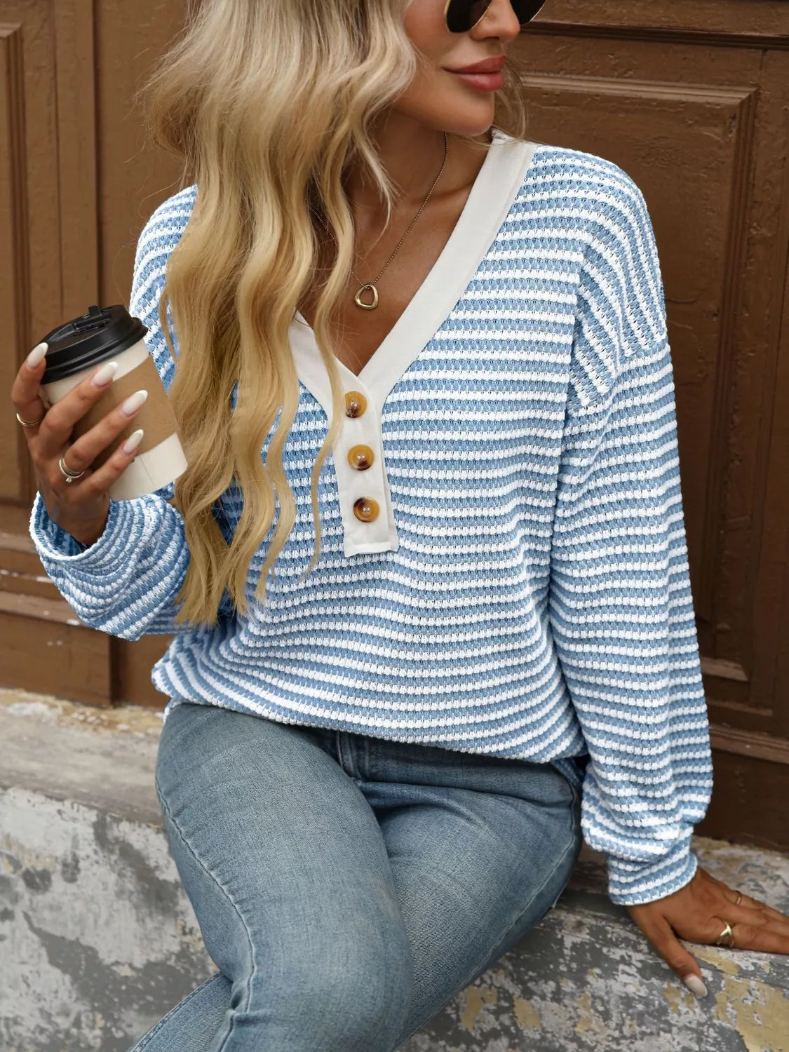 Striped Button Detail Long Sleeve T-Shirt