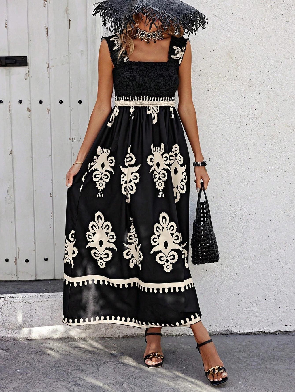 Print Shirred Wide Strap Dress