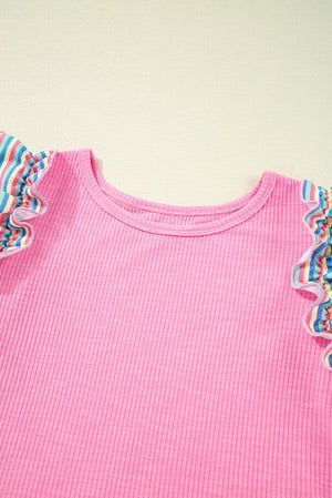 SWEET AS CANDY PINK STRIPED FLUTTER SLEEVE BLOUSE **SHIPPING EXPECTED TO BEGIN ON DATE 3/30**