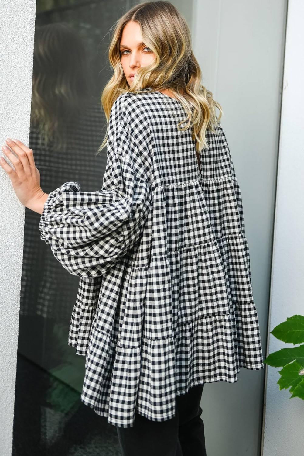 Checkered Dream Puff Sleeve Tiered Loose Babydoll Blouse