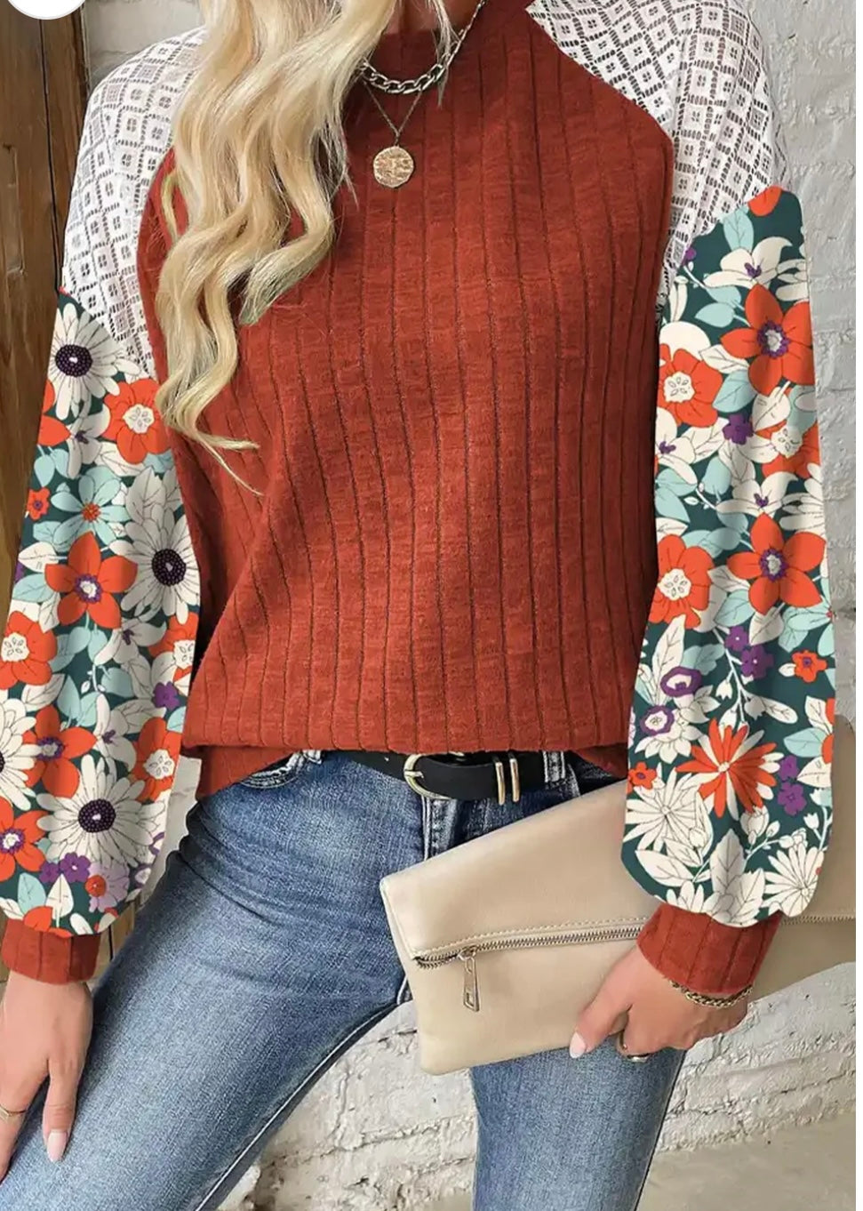 Floral Patchwork Ribbed Blouse