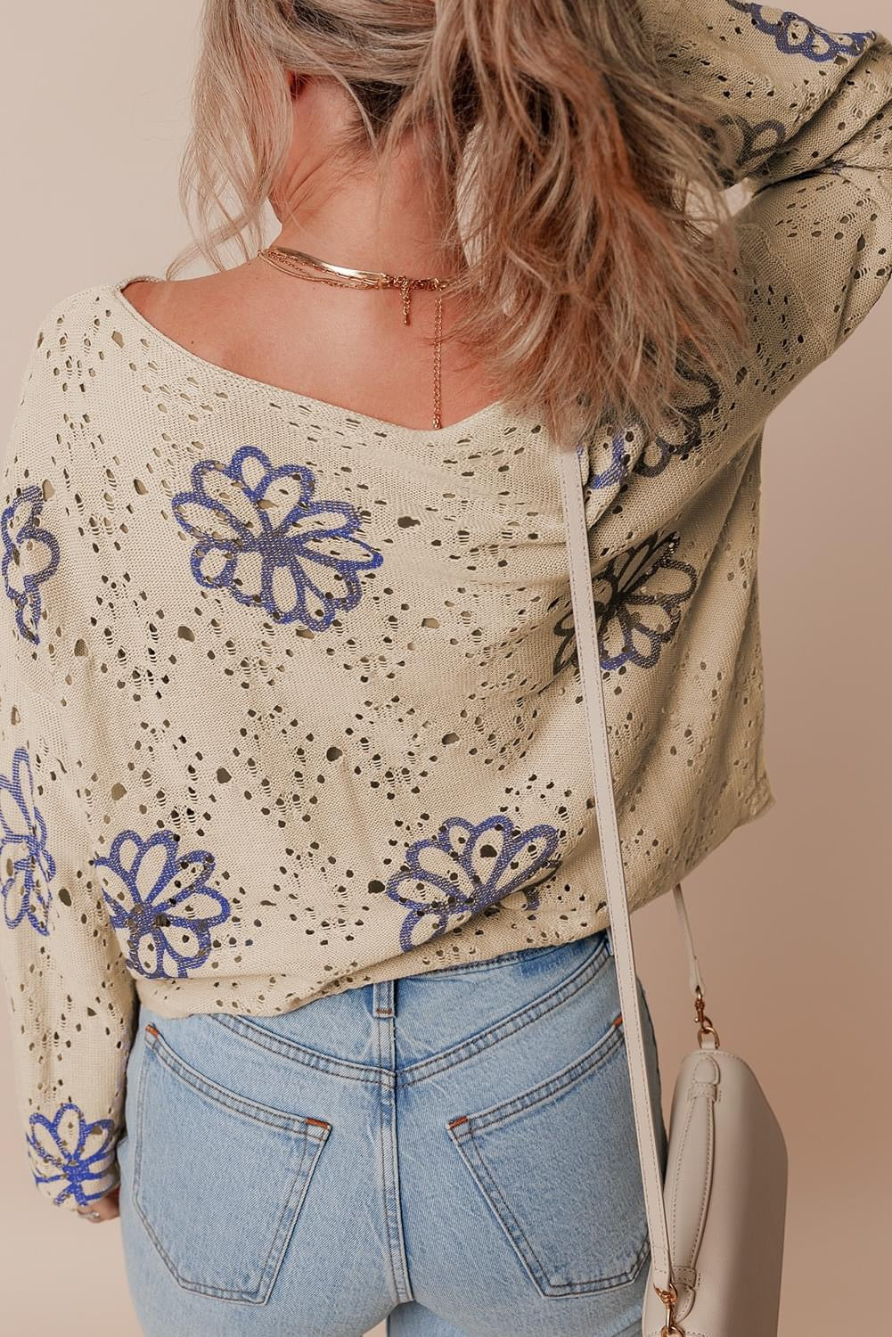 Moments of Perfection Beige Contrast Eyelet Sweater