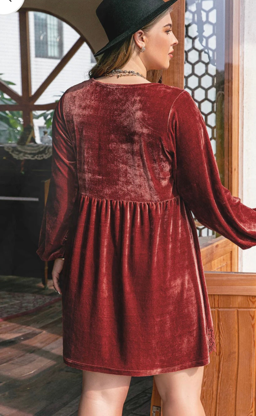 Plus Size Detail Vneck Long Sleeve Mini Dress
