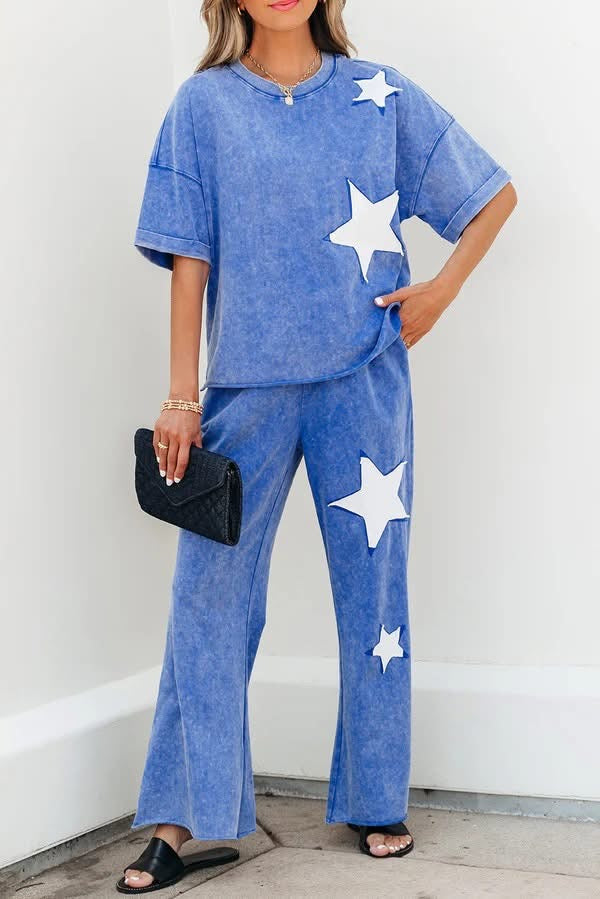 Floral Patch Exposed Seam Raw Edge Pants Set