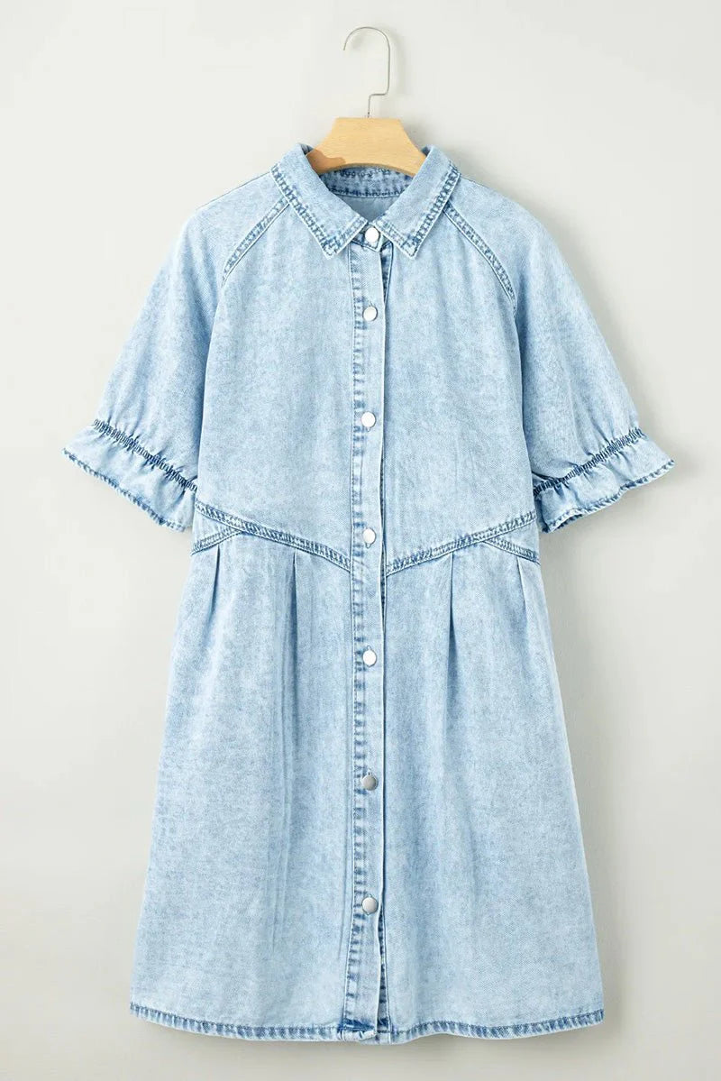 CAREFREE DAYS BEAU BLUE MINERAL WASH BUTTON DENIM DRESS