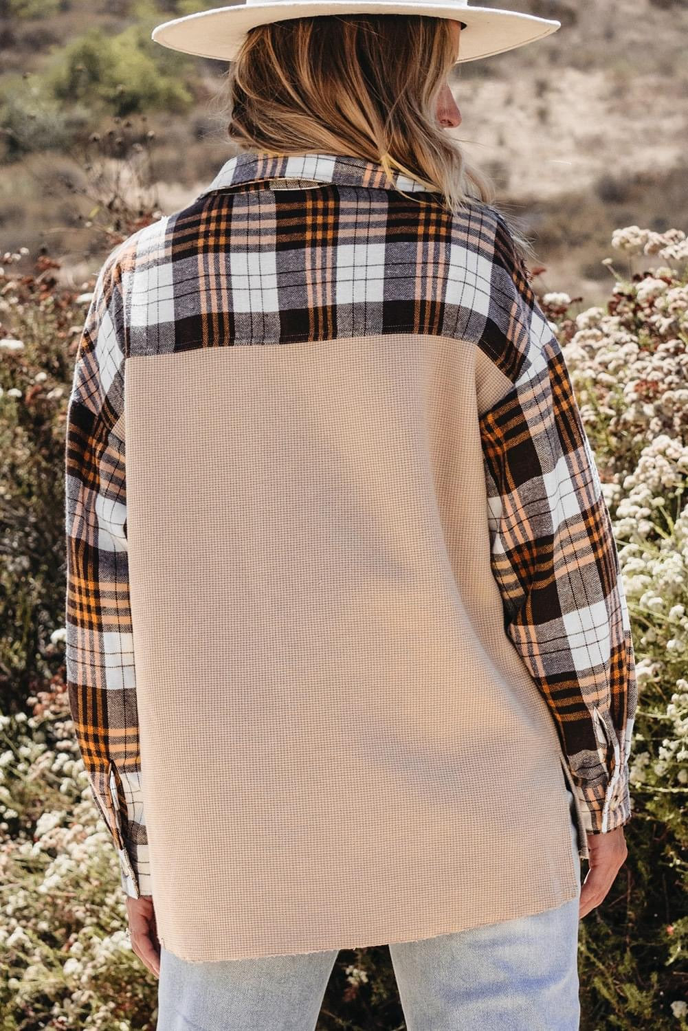Khaki Thermal Knit Plaid Patchwork Shacket / jacket
