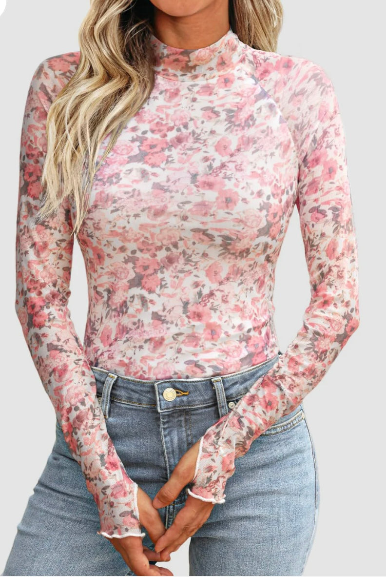 Floral Mock Neck Long Sleeve Top