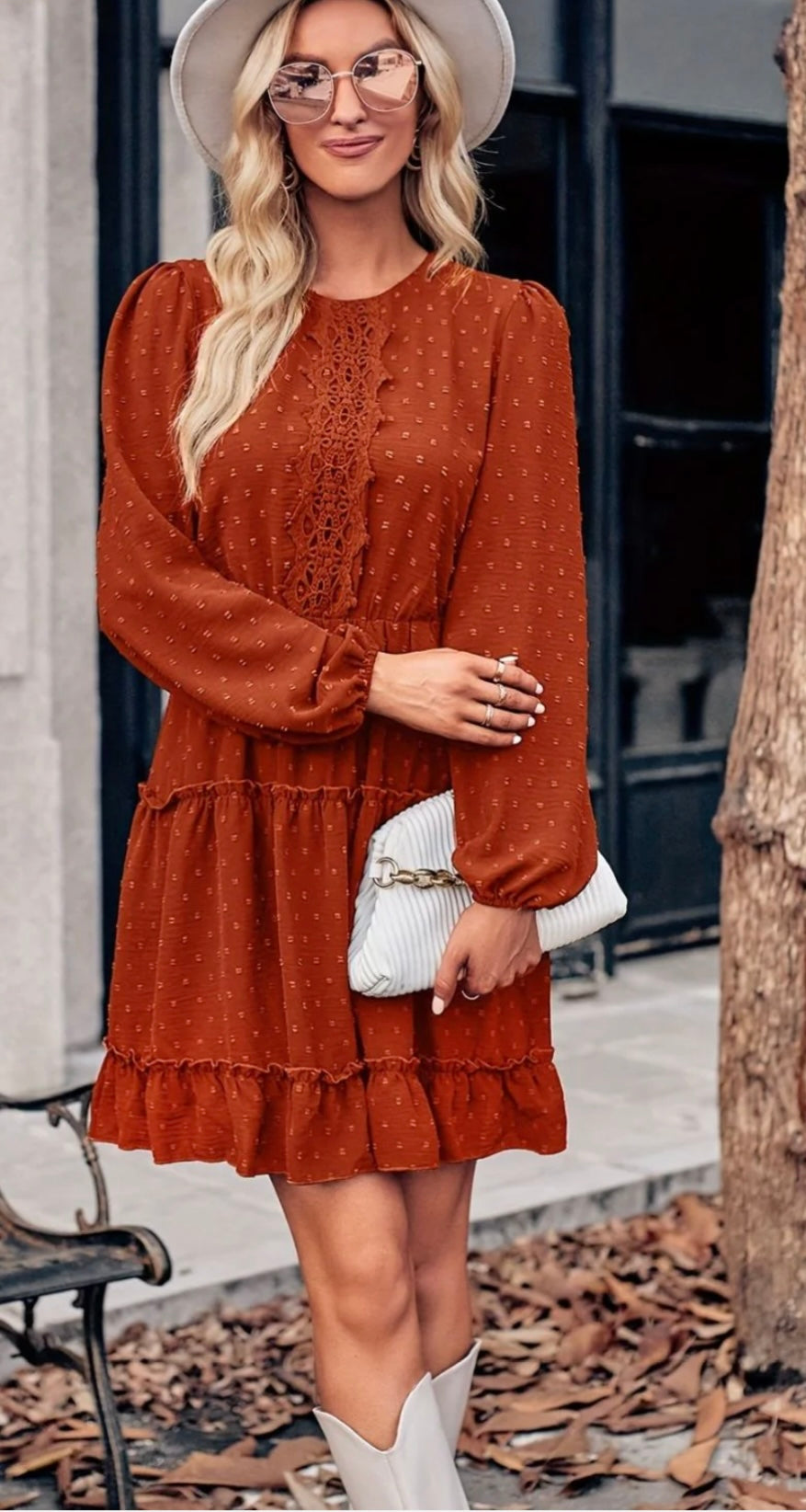 Lace Detail Swiss Dot Round Neck Mini Dress