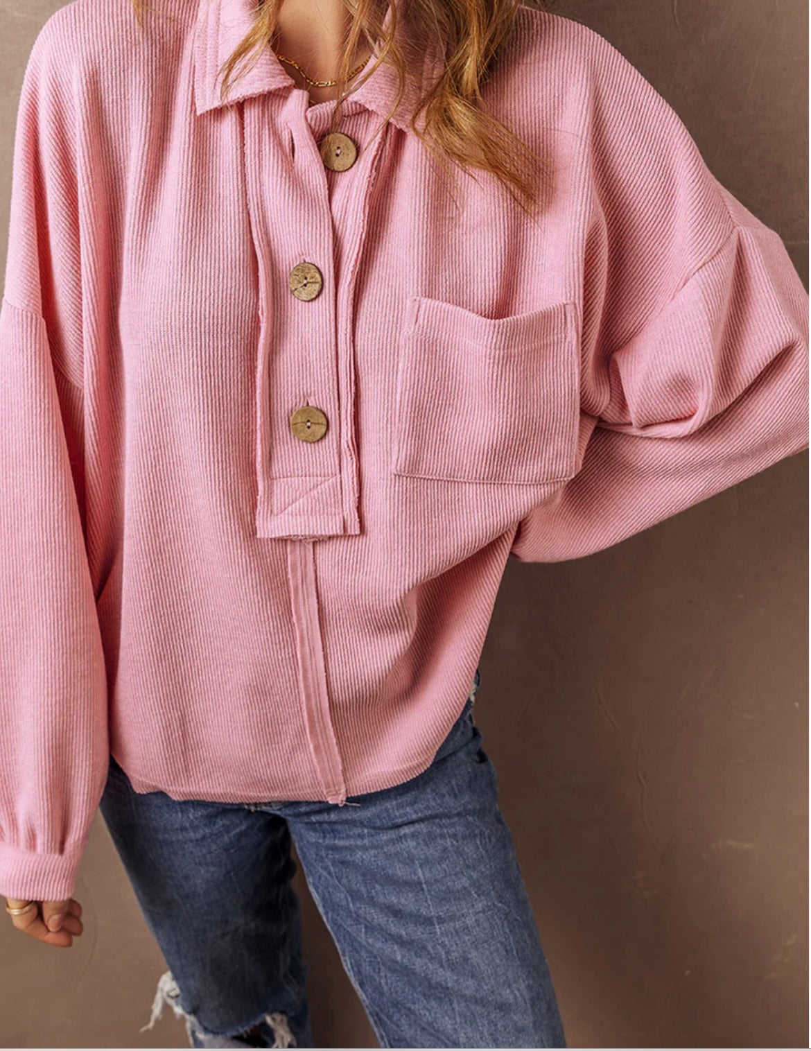 Ribbed Collared Henley Chest Pocket Top