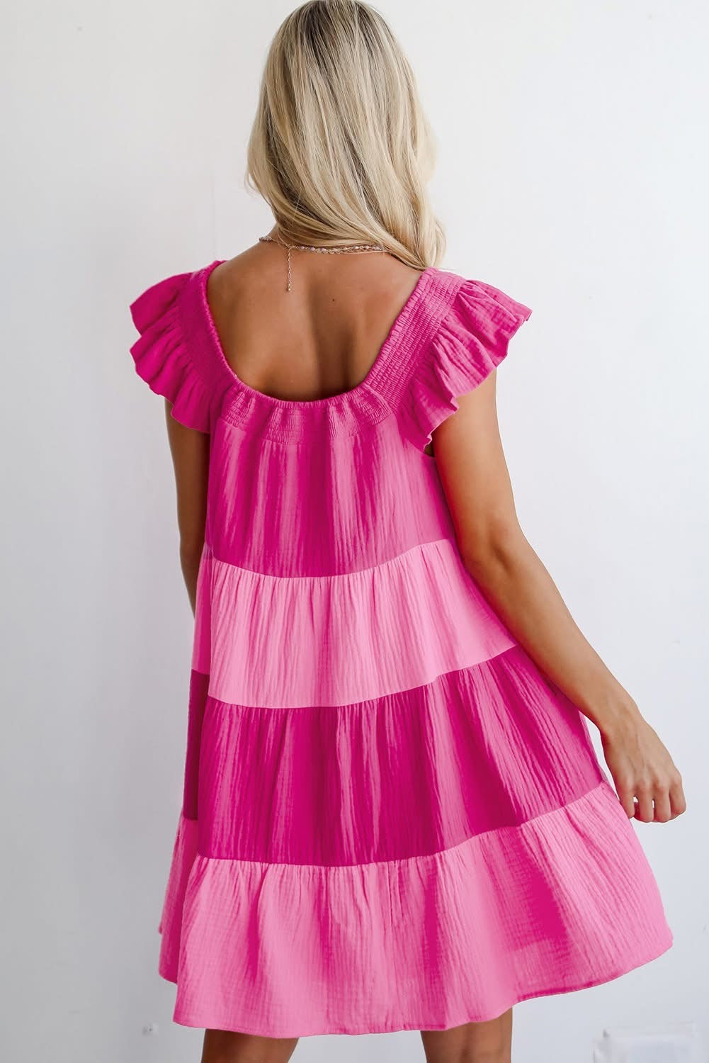 Pink Crinkled Colorblock Flutter Tiered Mini Dress