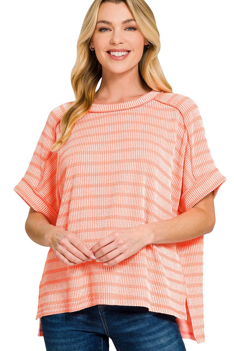 SUNNY MOOD CORAL RIB KNIT STRIPED TOP