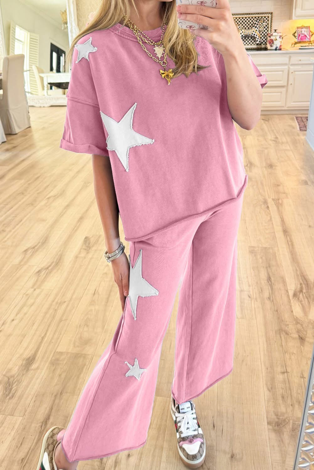 Wash Star Patched Rolled Trim Pants Set-