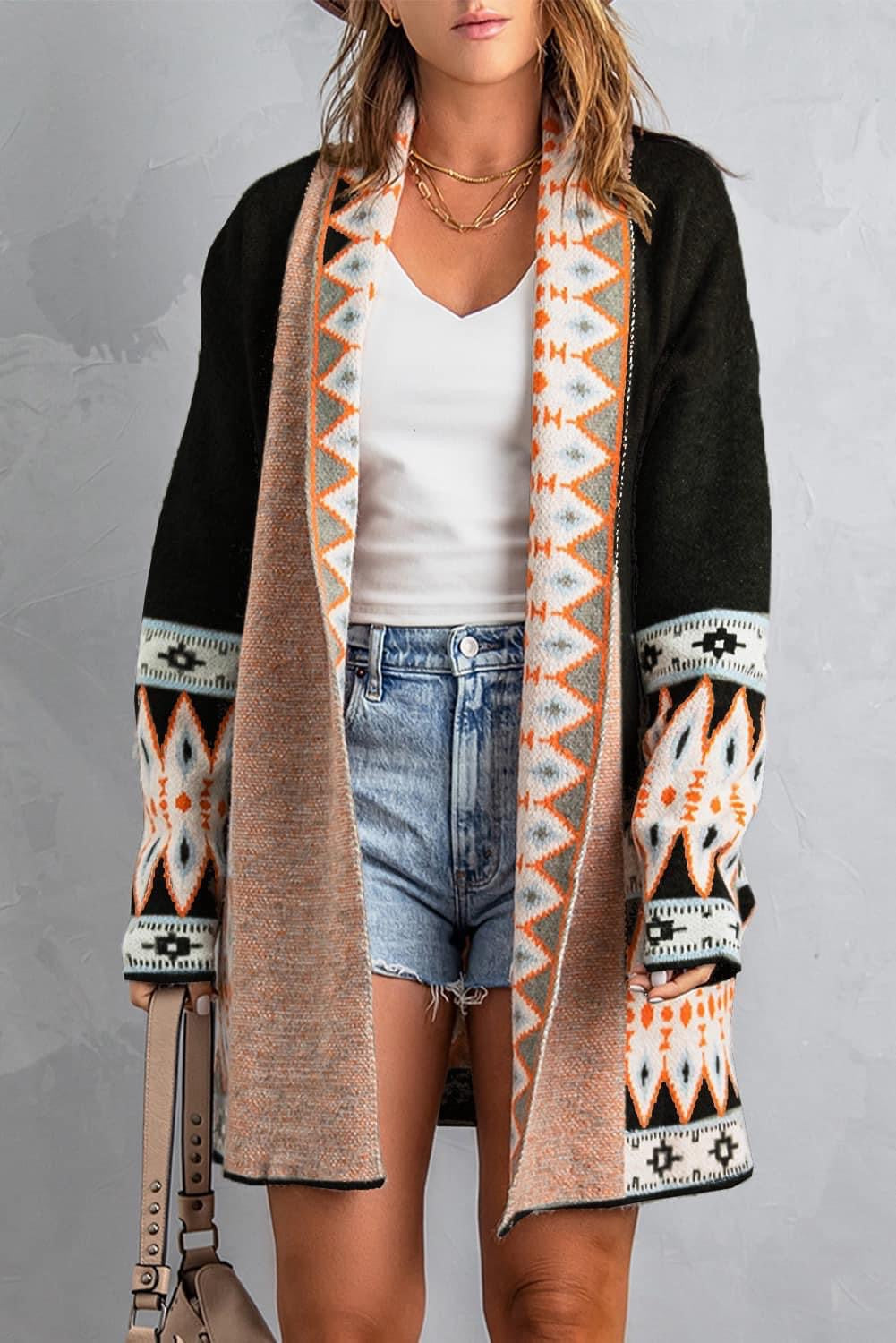 Western Aztec Open Front Sweater Cardigan