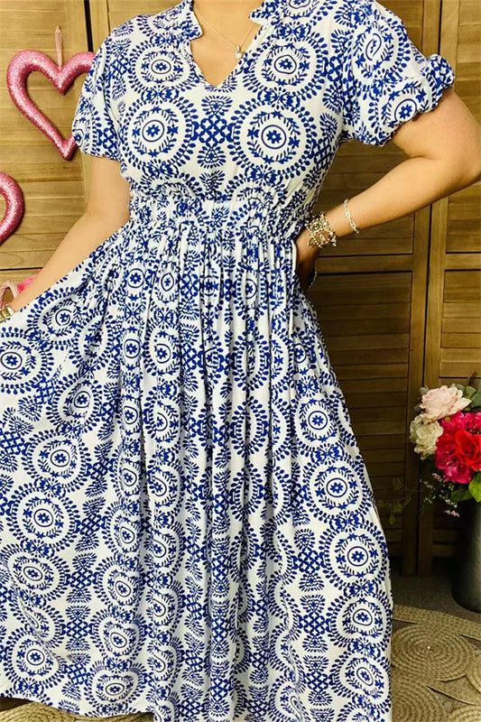 Blue Circle Graphic Printed Dress