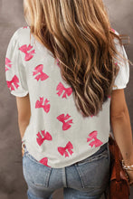 Load image into Gallery viewer, SWEET SUMMER PINK AND WHITE BOWS BUBBLE SLEEVE TOP
