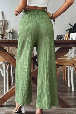 CENTRAL PARK STROLL GREEN CRINKLED WIDE LEG PANTS **SHIPPING EXPECTED TO BEGIN ON DATE 3/25**