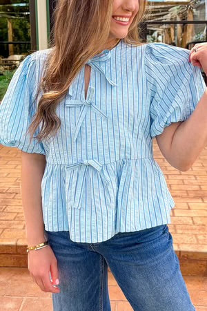 SWEETHEART TIES SKY BLUE STRIPE BABYDOLL BLOUSE
