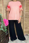 Floral embroidery coral stripes puff spring top