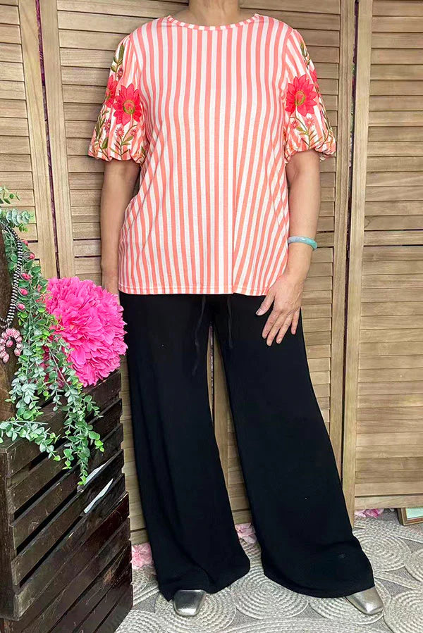 Floral embroidery coral stripes puff spring top