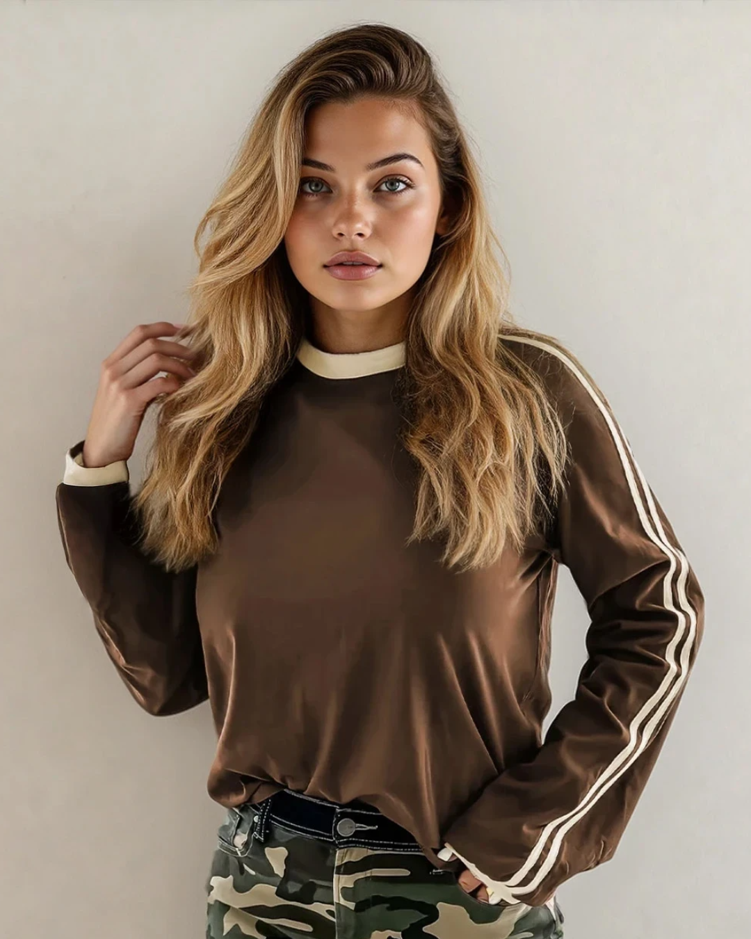Malani Varsity Striped Crew Neck Long Sleeve Top - Dark Brown Indie & Co.