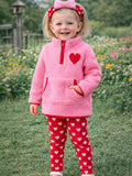 Valentine Pink Sherpa Heart Top with Red Heart Leggings and Bow Headband