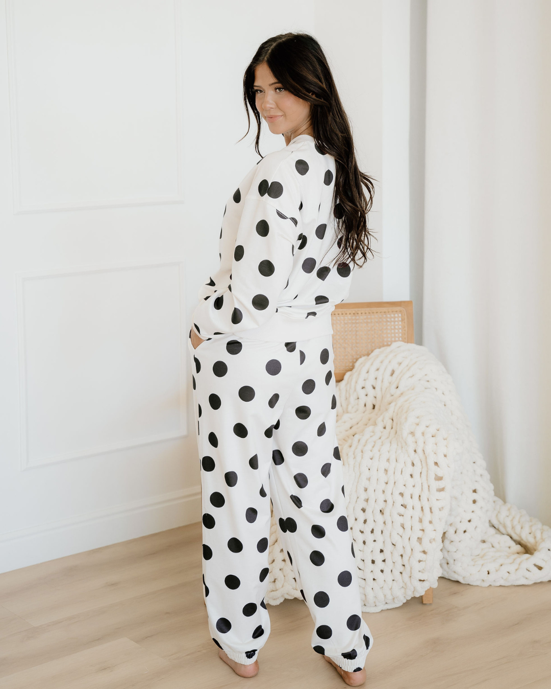Polka Dot Print Drop Shoulder Pullover Drawstring Jogger Pant Set - Beige Indie & Co.