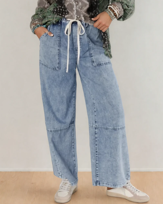 Celestine Acid Wash Exposed Seam Drawstring Elastic Waist Barrel Jeans