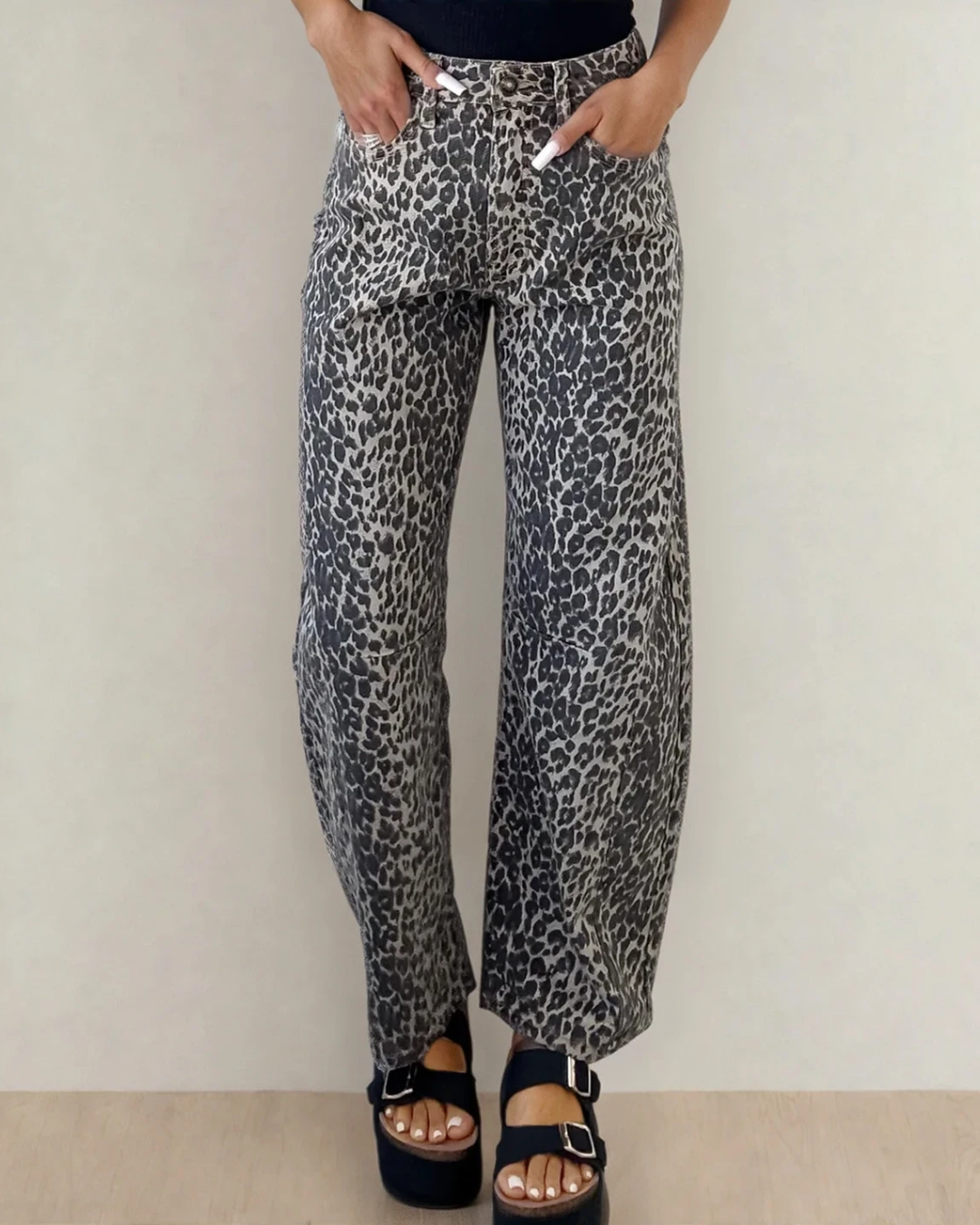 Naeve Leopard Print High Waist Barrel Jeans Indie & Co.