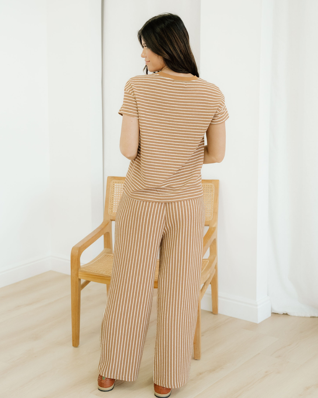 Rowen Stripe Crew Neck Tee Drawstring Waist Cropped Pants Set Indie & Co.