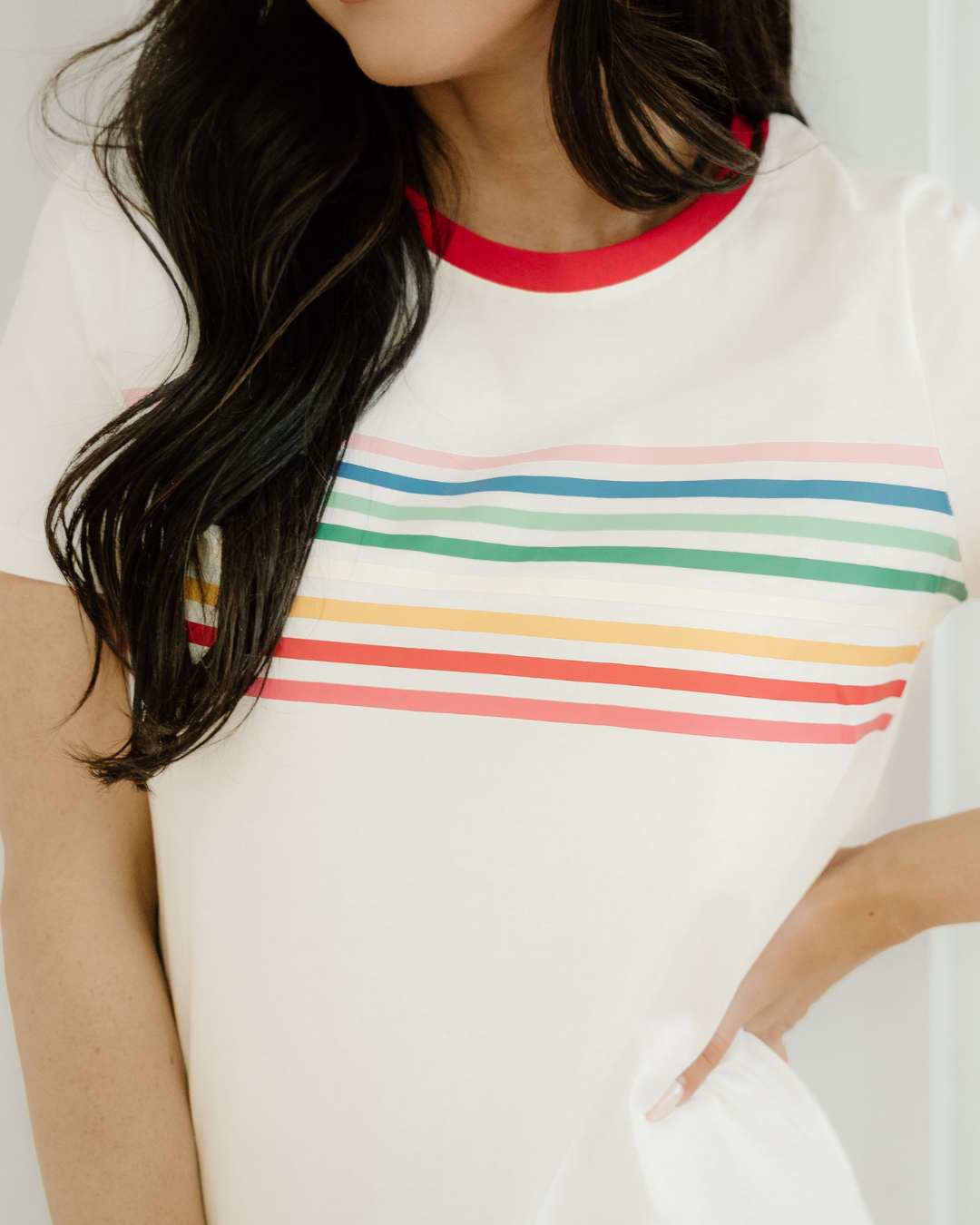 Melanie Rainbow Stripe Print Crewneck T Shirt Indie & Co.