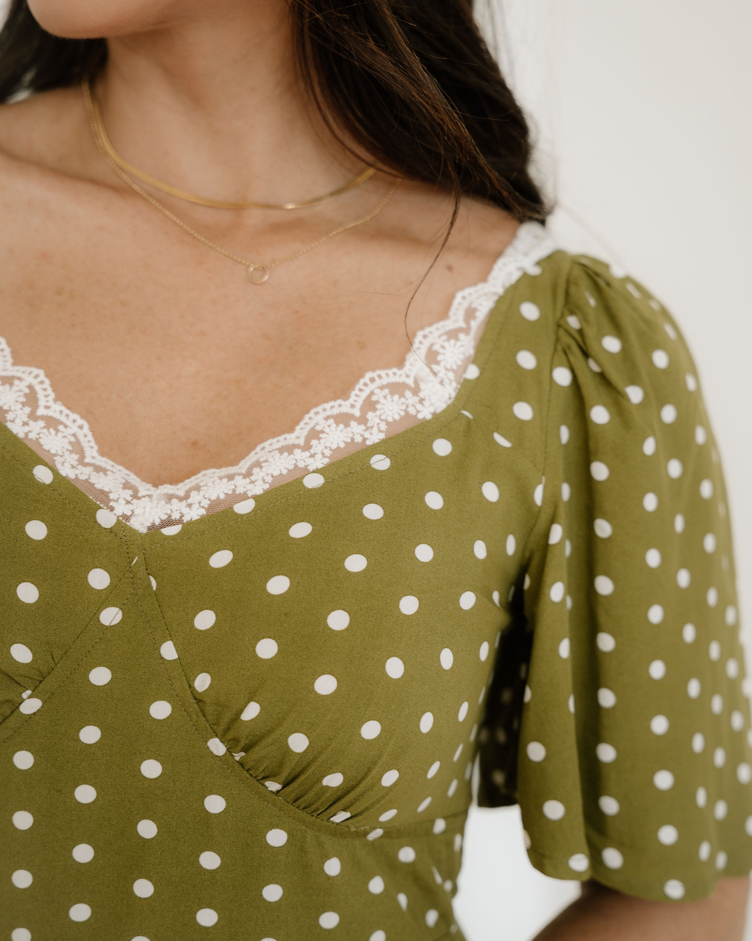 Maleah Polka Dot Print Lacy Neckline Smocked High Waist Maxi Dress Indie & Co.