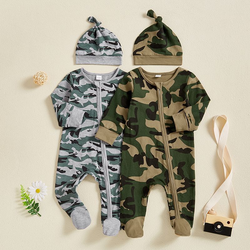 Newborn Baby Girls Boys Camouflage Military Deisgn Romper Infant Cute Zipper Casual Jumpsuit Hairband Hat Set Clothes For Girls And Boys Stevvex