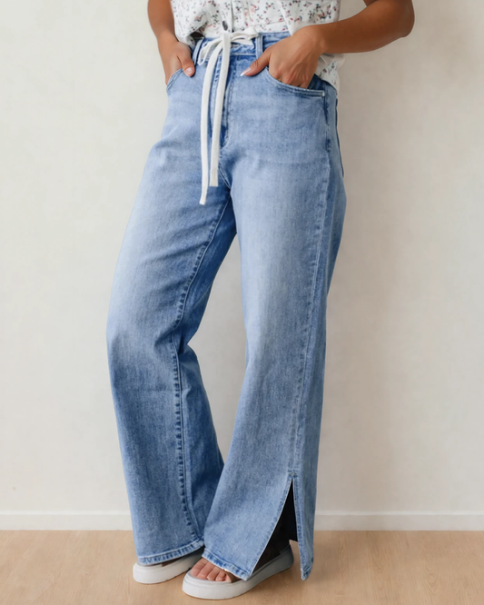 Calypso Side Slit High Rise Drawstring Casual Jeans