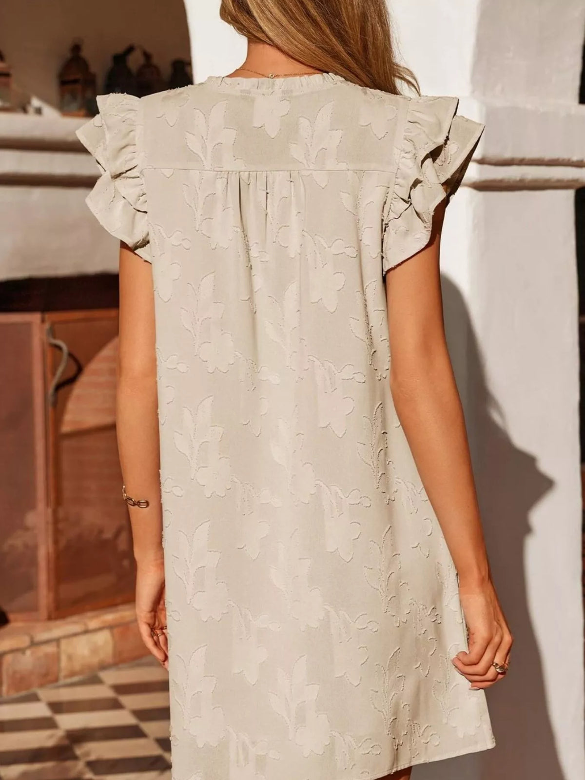 Floral Embossed Ruffle Sleeve Mini Dress