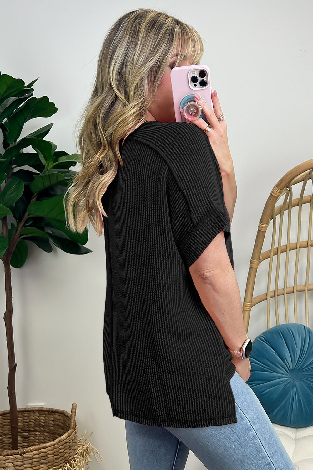 White Crinkle Rib Textured Knit Round Neck T Shirt