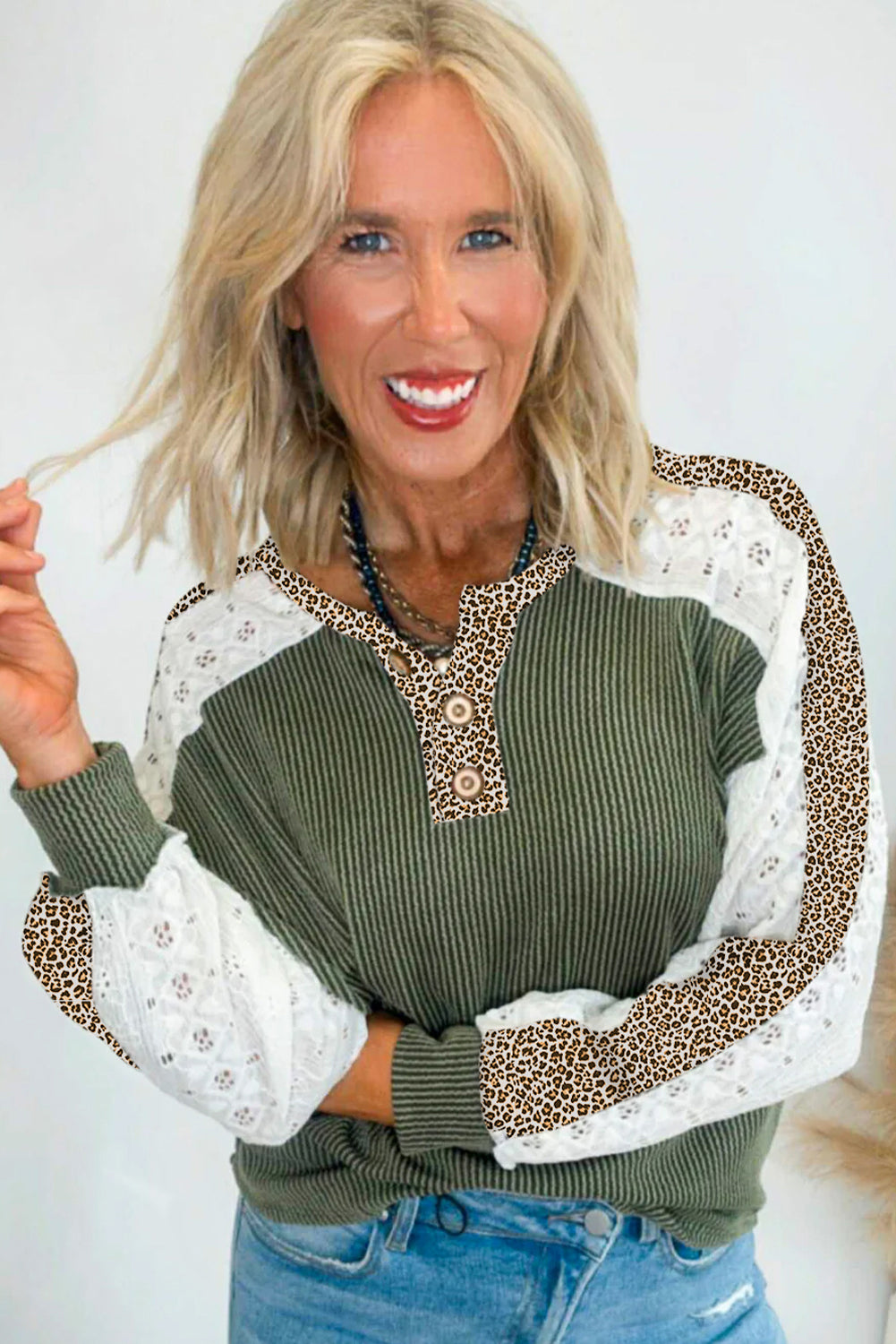 Vineyard Green Texture Patchwork Lace Sleeve Leopard Henley Top