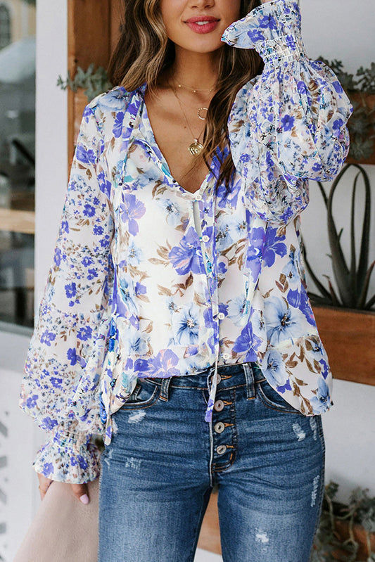 Blue Cakewalk Floral Smocked Blouse Wild and Free Boutique