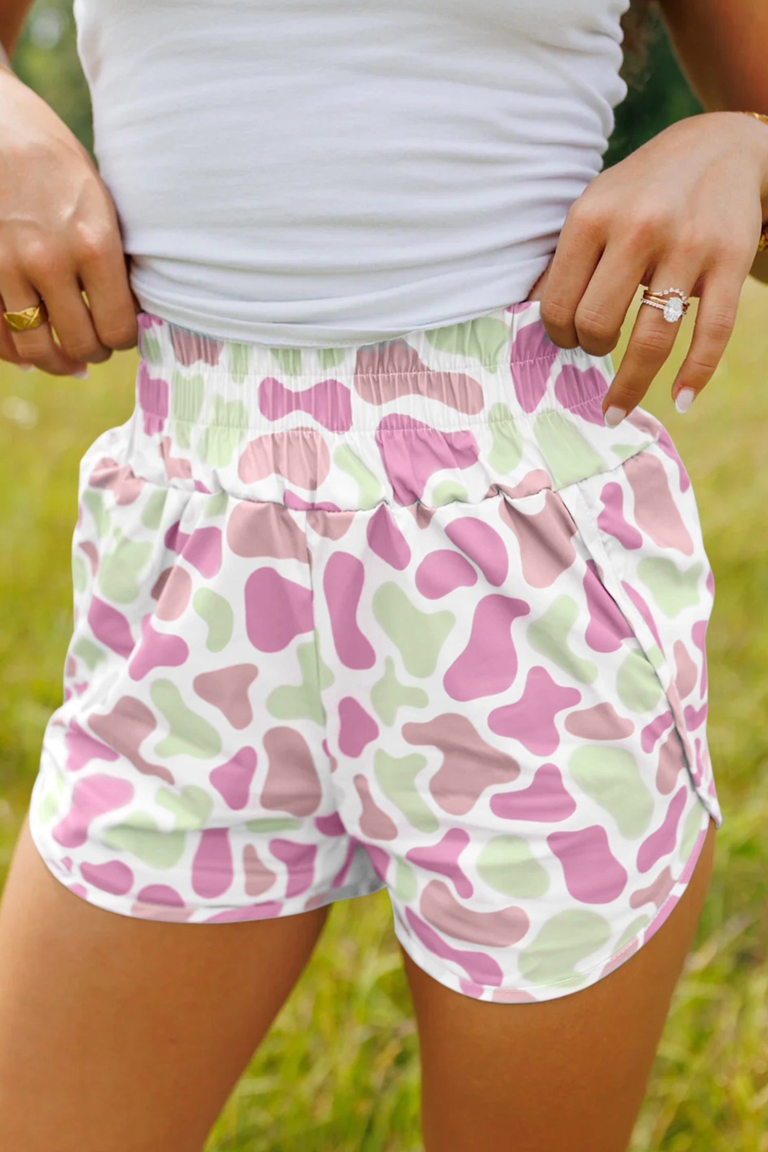 Sky Blue Camouflage Print Shirred High Waist Athleisure Shorts Wild and Free Boutique