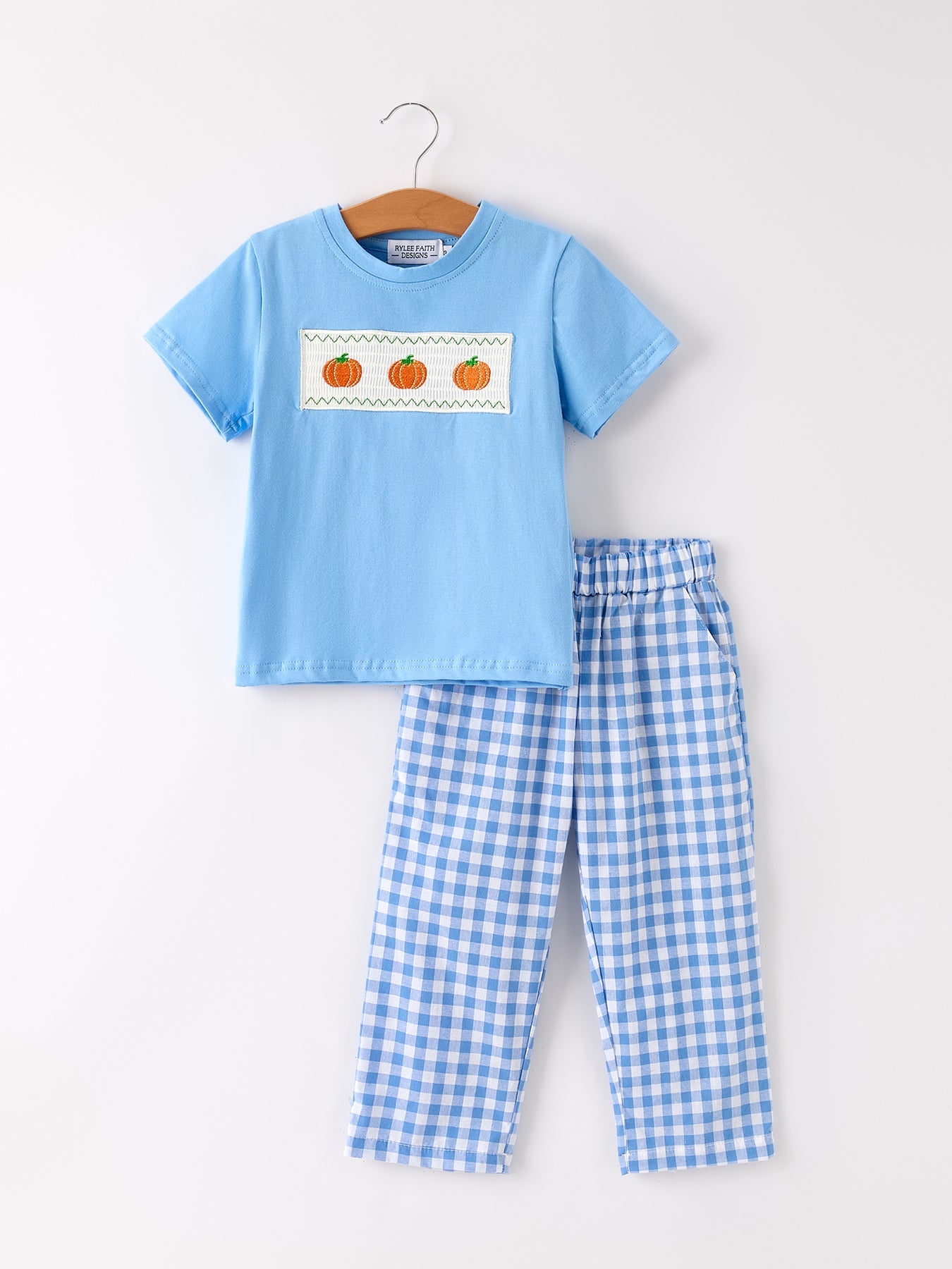 Fall Thanksgiving& Halloween Blue Pumpkin Smock Embroidery Baby Boy'Set Rylee Faith Designs