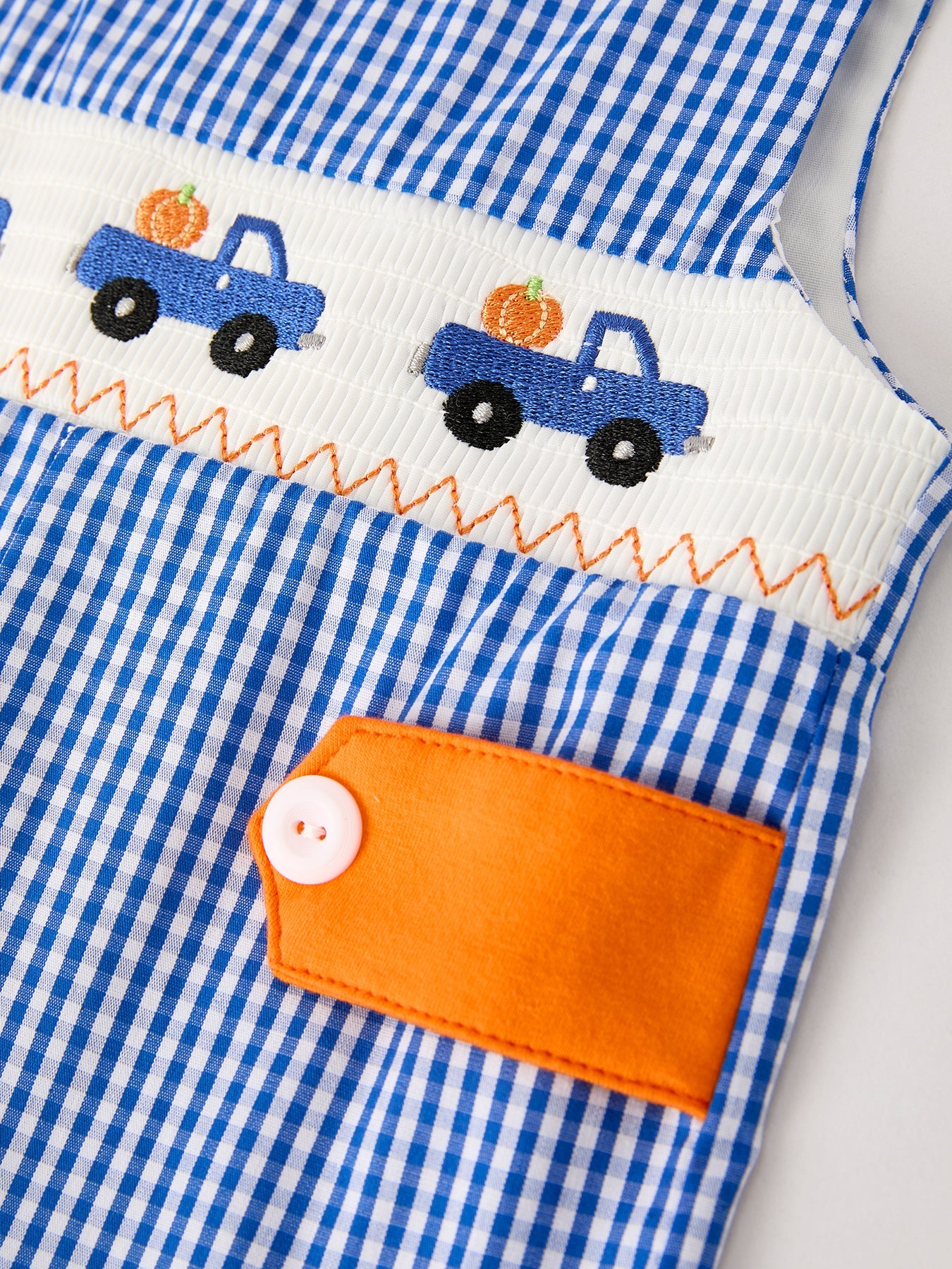 Fall Thanksgiving & Halloween Truck Smock Embroidery Baby Boy Romper Rylee Faith Designs