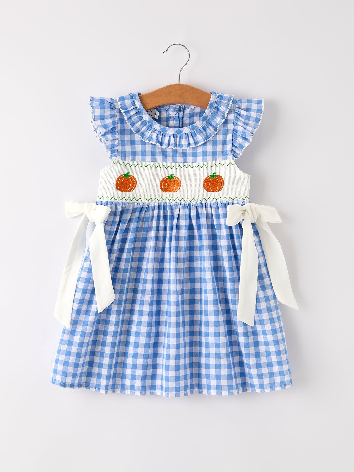 Fall Thanksgiving& Halloween Blue Pumpkin Smock Embroidery Baby Girl Dress Rylee Faith Designs