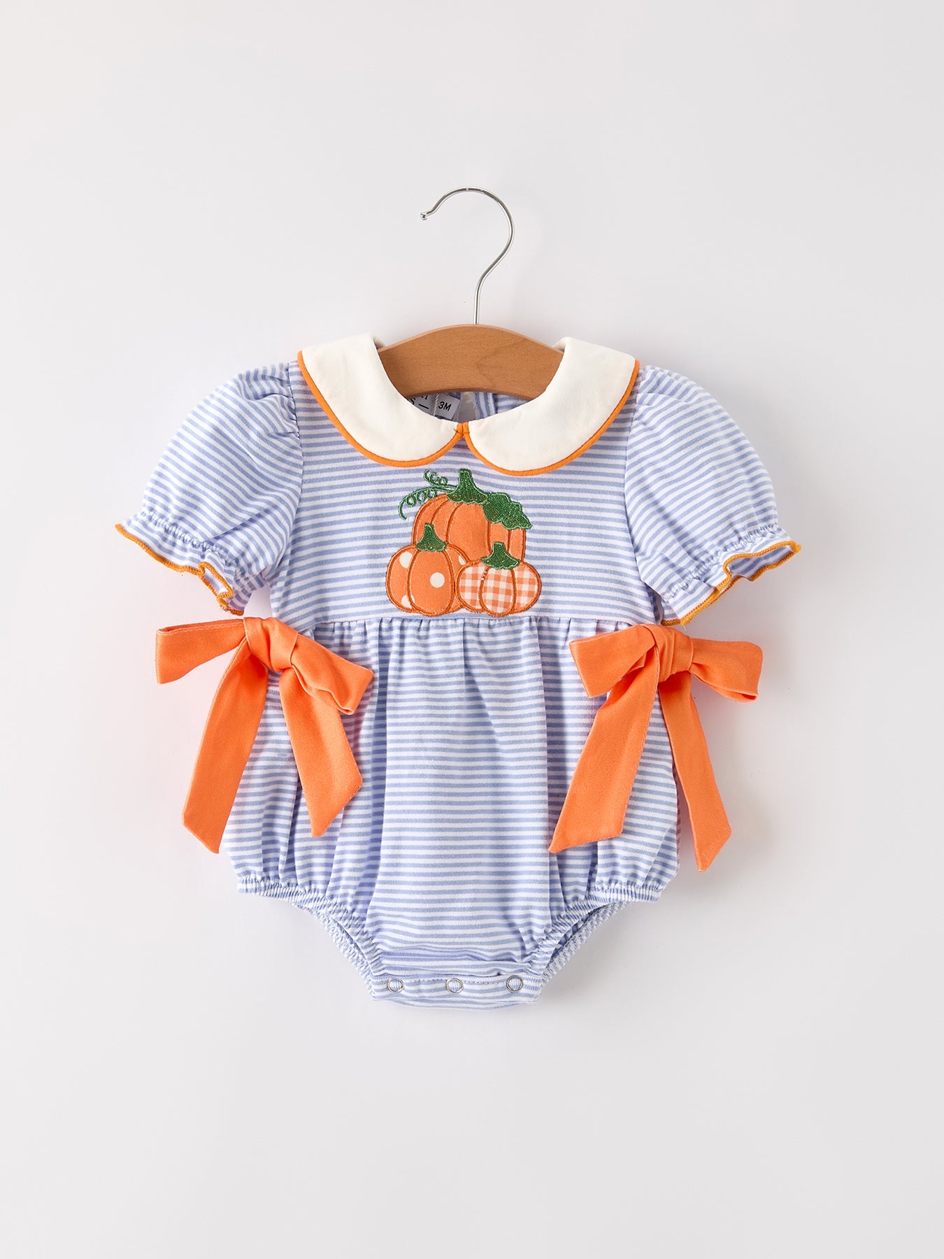 Fall Thanksgiving and Halloween Lapel Stripe Pumpkin Applique Bow Girls Romper Rylee Faith Designs