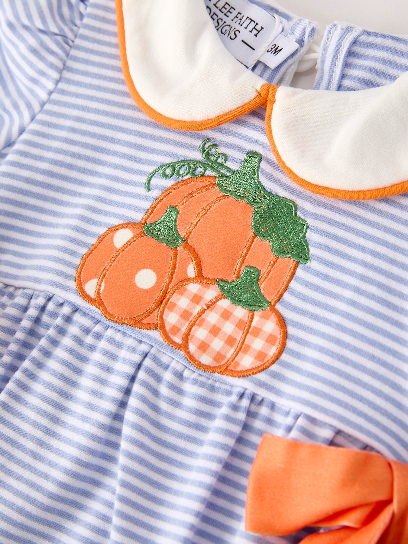 Fall Thanksgiving and Halloween Lapel Stripe Pumpkin Applique Bow Girls Romper Rylee Faith Designs