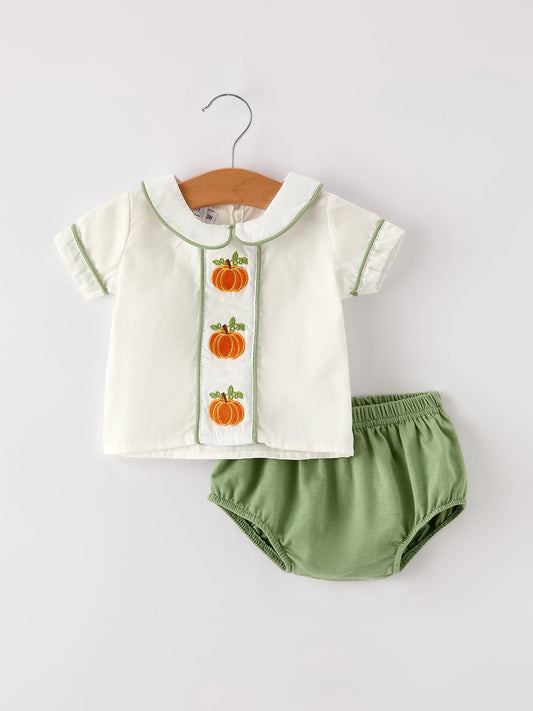 Fall Halloween & Thanksgiving Applique Plaid Boys Bloomers Romper Set Rylee Faith Designs
