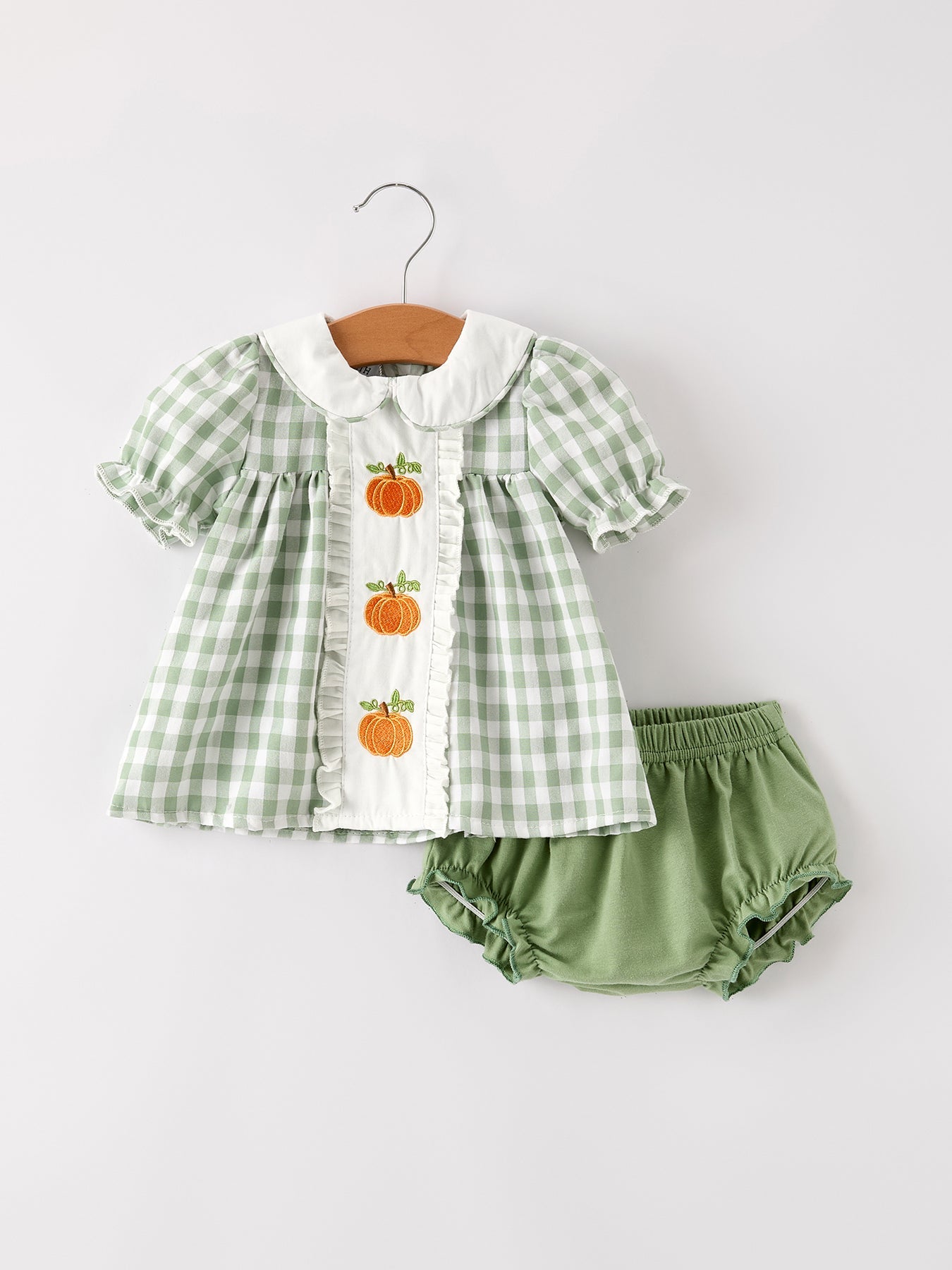 Fall Halloween & Thanksgiving Applique Plaid Girls Bloomers Romper Set Rylee Faith Designs