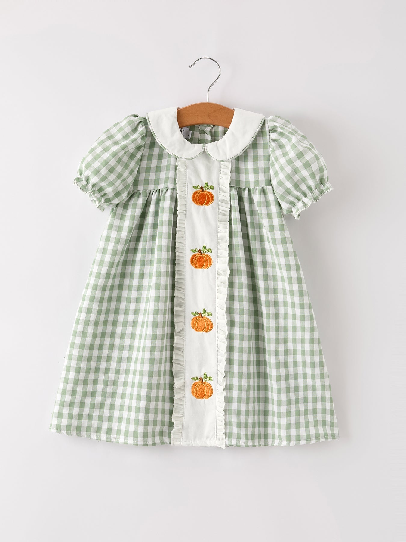 Fall Halloween & Thanksgiving Pumpkin Applique Plaid Green Girls Dress Rylee Faith Designs