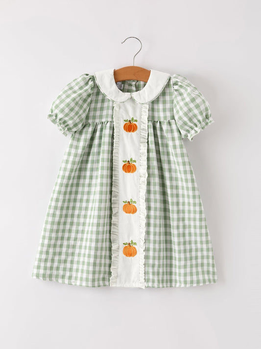 Fall Halloween & Thanksgiving Pumpkin Applique Plaid Green Girls Dress Rylee Faith Designs