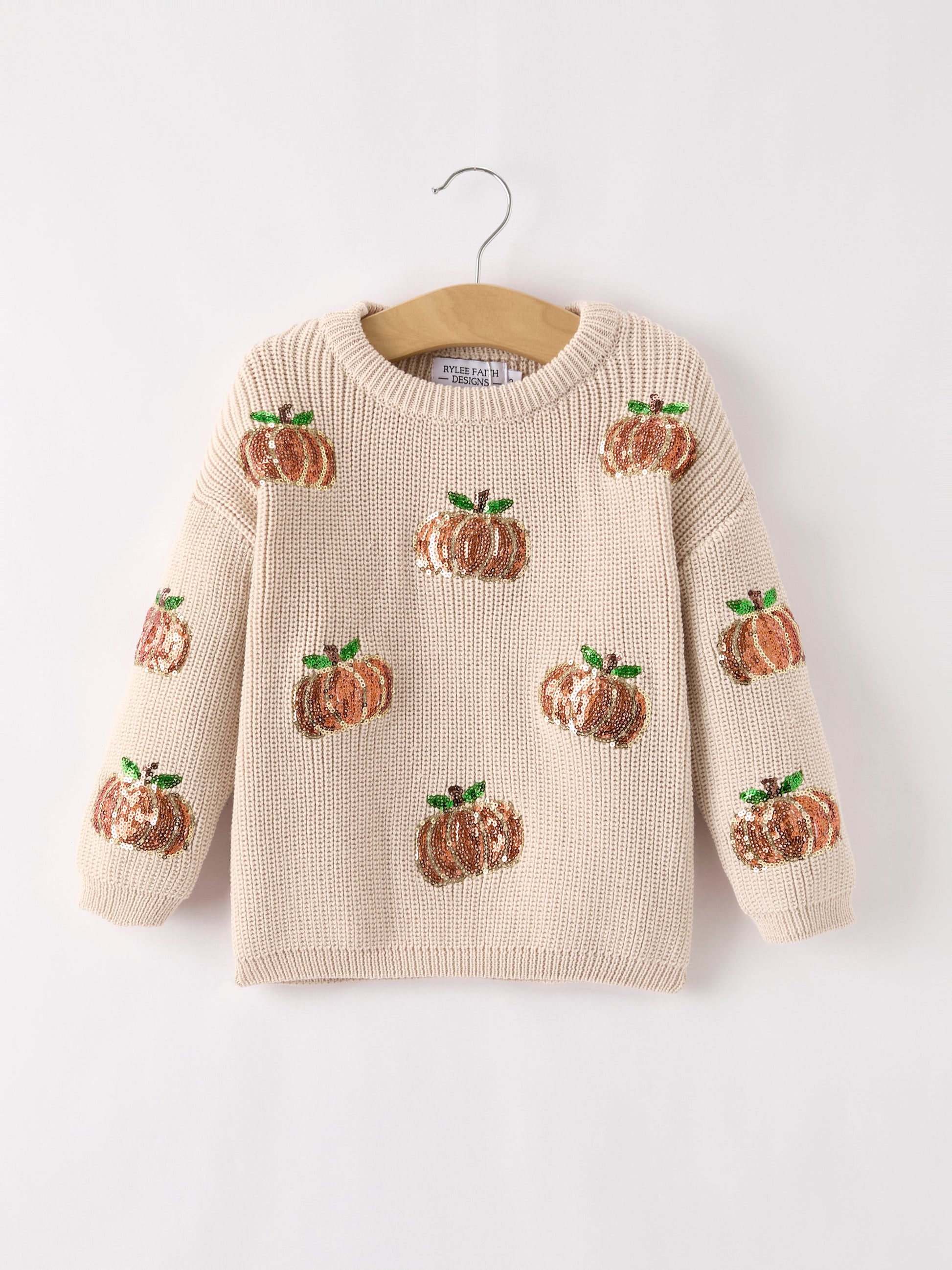Thanksgiving Pumpkin Sequin Sweater – Beige, Perfect for Fall Rylee Faith Designs