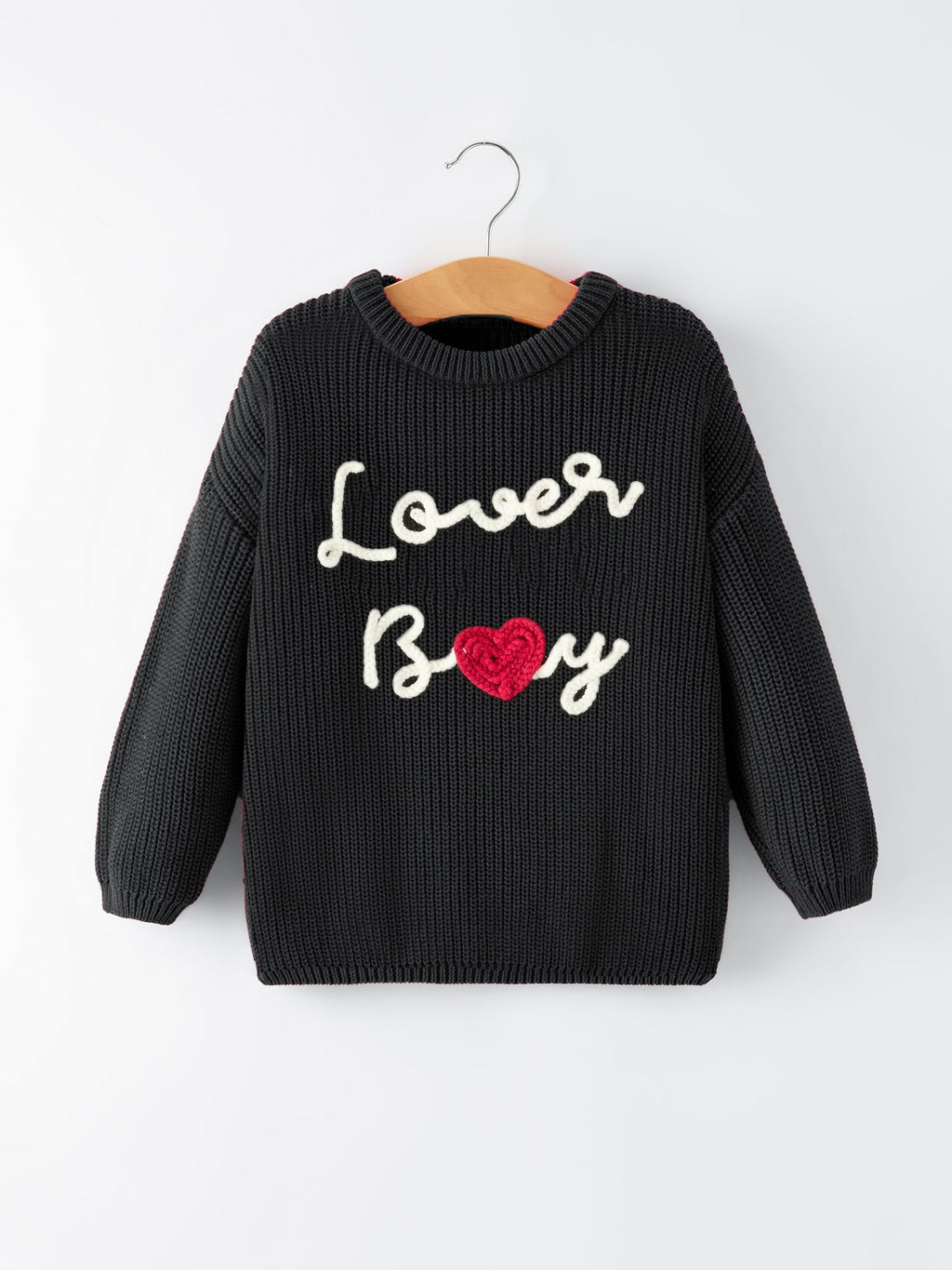 Valentine’s Day Boys Black Knitted Pullover Sweater with White "Lover Boy"  Embroidery